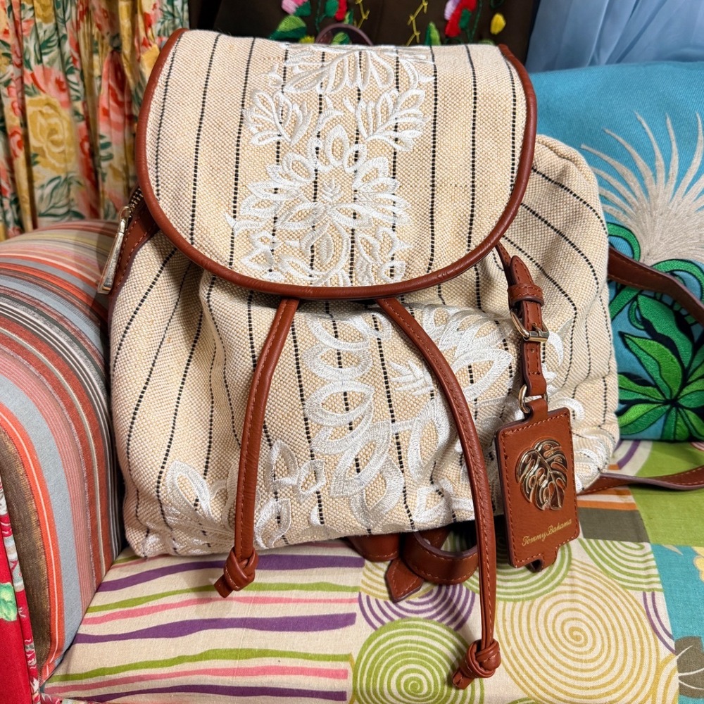 Tommy Bahama Striped Canvas Waikiki Drawstring Backpack Resort Aloha‎ Tag
